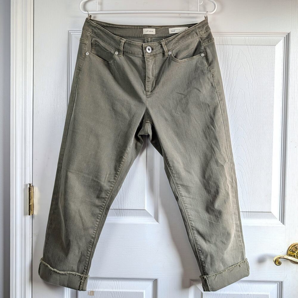 J.Jill Denim Authentic Fit Cropped Jeans Size 6P Olive Green Frayed Cuffed Hem